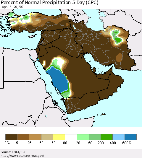 Middle East and Turkey Percent of Normal Precipitation 5-Day (CPC) Thematic Map For 4/16/2021 - 4/20/2021
