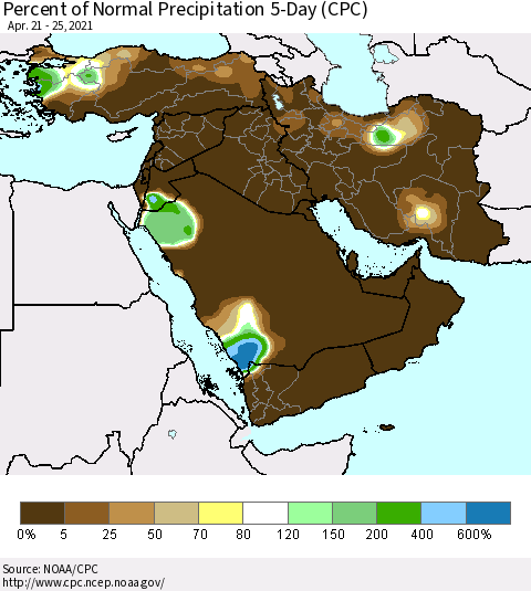 Middle East and Turkey Percent of Normal Precipitation 5-Day (CPC) Thematic Map For 4/21/2021 - 4/25/2021