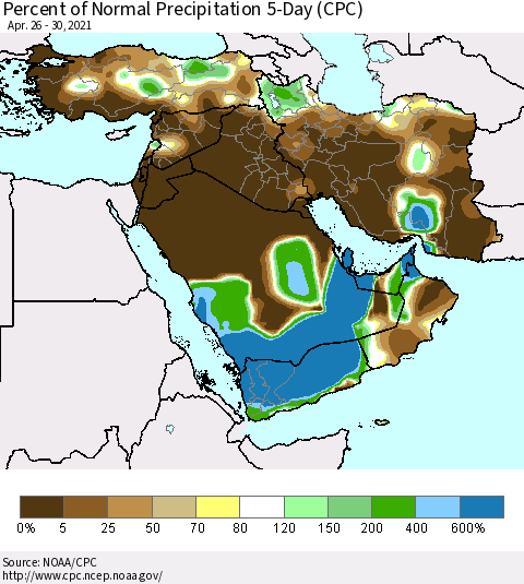 Middle East and Turkey Percent of Normal Precipitation 5-Day (CPC) Thematic Map For 4/26/2021 - 4/30/2021