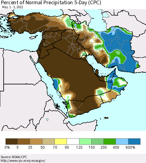 Middle East and Turkey Percent of Normal Precipitation 5-Day (CPC) Thematic Map For 5/1/2021 - 5/5/2021