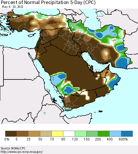 Middle East and Turkey Percent of Normal Precipitation 5-Day (CPC) Thematic Map For 5/6/2021 - 5/10/2021