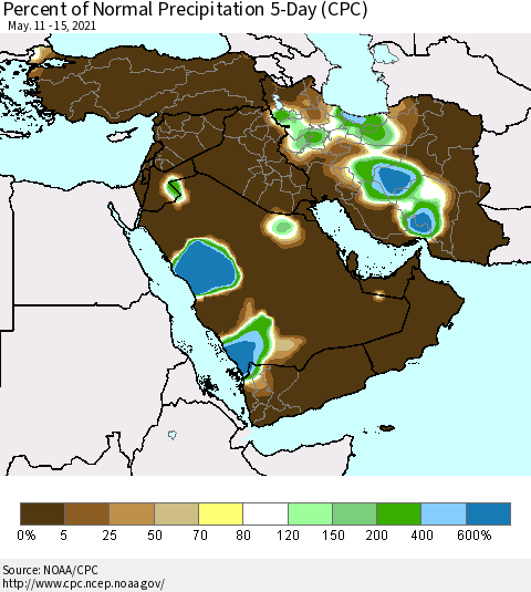 Middle East and Turkey Percent of Normal Precipitation 5-Day (CPC) Thematic Map For 5/11/2021 - 5/15/2021