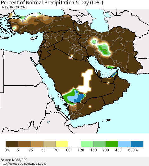Middle East and Turkey Percent of Normal Precipitation 5-Day (CPC) Thematic Map For 5/16/2021 - 5/20/2021