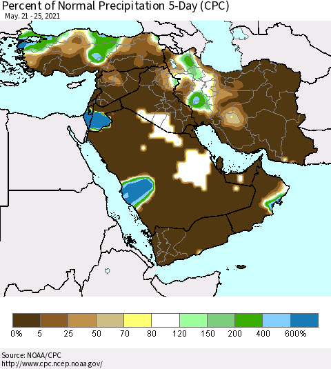 Middle East and Turkey Percent of Normal Precipitation 5-Day (CPC) Thematic Map For 5/21/2021 - 5/25/2021
