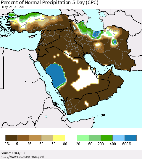 Middle East and Turkey Percent of Normal Precipitation 5-Day (CPC) Thematic Map For 5/26/2021 - 5/31/2021