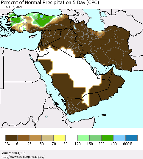 Middle East and Turkey Percent of Normal Precipitation 5-Day (CPC) Thematic Map For 6/1/2021 - 6/5/2021