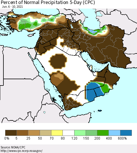 Middle East and Turkey Percent of Normal Precipitation 5-Day (CPC) Thematic Map For 6/6/2021 - 6/10/2021