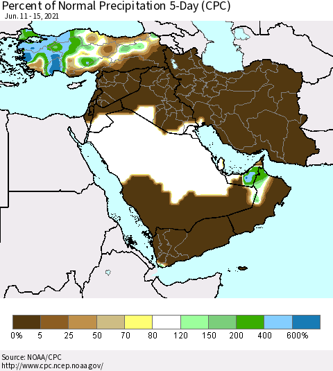 Middle East and Turkey Percent of Normal Precipitation 5-Day (CPC) Thematic Map For 6/11/2021 - 6/15/2021