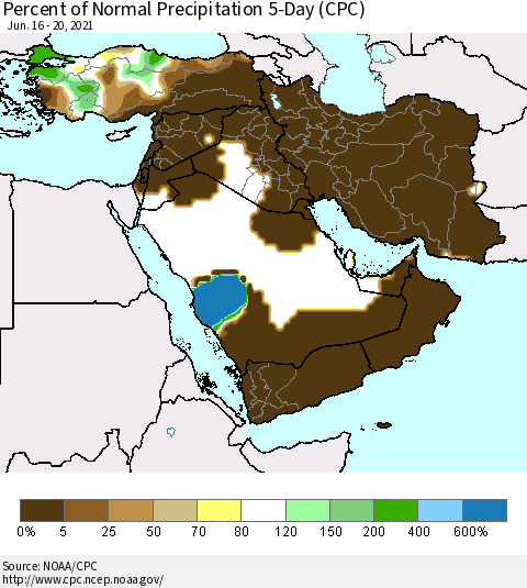 Middle East and Turkey Percent of Normal Precipitation 5-Day (CPC) Thematic Map For 6/16/2021 - 6/20/2021