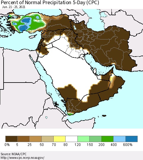 Middle East and Turkey Percent of Normal Precipitation 5-Day (CPC) Thematic Map For 6/21/2021 - 6/25/2021