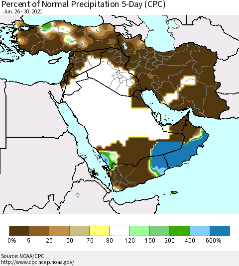 Middle East and Turkey Percent of Normal Precipitation 5-Day (CPC) Thematic Map For 6/26/2021 - 6/30/2021