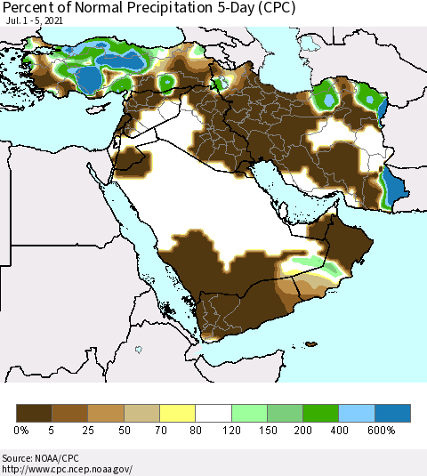 Middle East and Turkey Percent of Normal Precipitation 5-Day (CPC) Thematic Map For 7/1/2021 - 7/5/2021