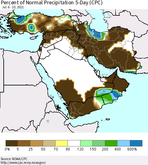 Middle East and Turkey Percent of Normal Precipitation 5-Day (CPC) Thematic Map For 7/6/2021 - 7/10/2021