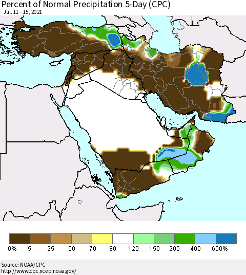 Middle East and Turkey Percent of Normal Precipitation 5-Day (CPC) Thematic Map For 7/11/2021 - 7/15/2021