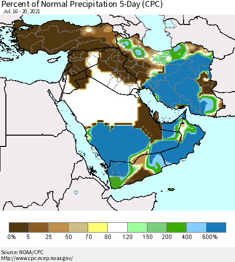 Middle East and Turkey Percent of Normal Precipitation 5-Day (CPC) Thematic Map For 7/16/2021 - 7/20/2021