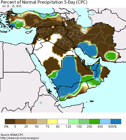 Middle East and Turkey Percent of Normal Precipitation 5-Day (CPC) Thematic Map For 7/21/2021 - 7/25/2021