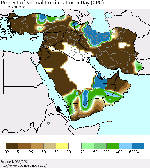 Middle East and Turkey Percent of Normal Precipitation 5-Day (CPC) Thematic Map For 7/26/2021 - 7/31/2021