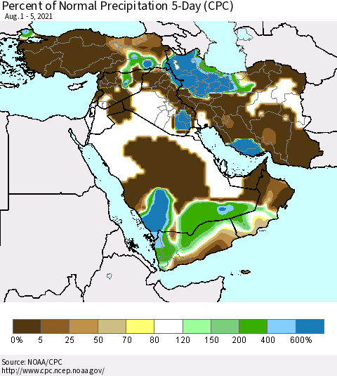 Middle East and Turkey Percent of Normal Precipitation 5-Day (CPC) Thematic Map For 8/1/2021 - 8/5/2021