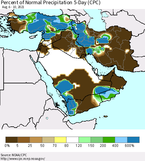 Middle East and Turkey Percent of Normal Precipitation 5-Day (CPC) Thematic Map For 8/6/2021 - 8/10/2021
