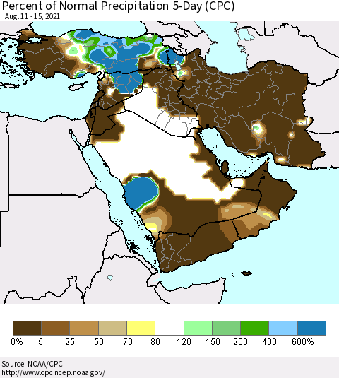 Middle East and Turkey Percent of Normal Precipitation 5-Day (CPC) Thematic Map For 8/11/2021 - 8/15/2021