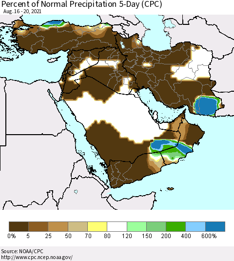 Middle East and Turkey Percent of Normal Precipitation 5-Day (CPC) Thematic Map For 8/16/2021 - 8/20/2021