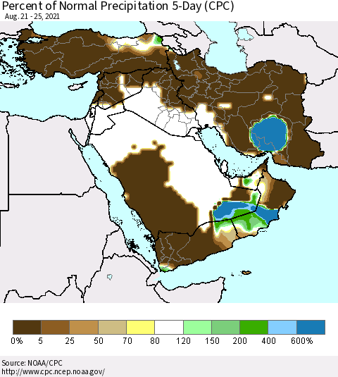 Middle East and Turkey Percent of Normal Precipitation 5-Day (CPC) Thematic Map For 8/21/2021 - 8/25/2021