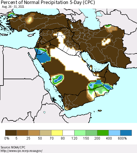 Middle East and Turkey Percent of Normal Precipitation 5-Day (CPC) Thematic Map For 8/26/2021 - 8/31/2021