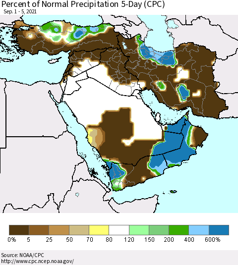 Middle East and Turkey Percent of Normal Precipitation 5-Day (CPC) Thematic Map For 9/1/2021 - 9/5/2021
