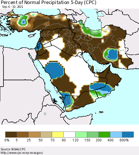 Middle East and Turkey Percent of Normal Precipitation 5-Day (CPC) Thematic Map For 9/6/2021 - 9/10/2021
