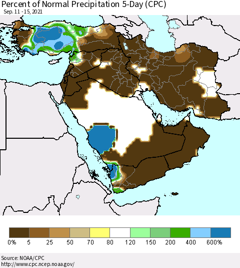 Middle East and Turkey Percent of Normal Precipitation 5-Day (CPC) Thematic Map For 9/11/2021 - 9/15/2021