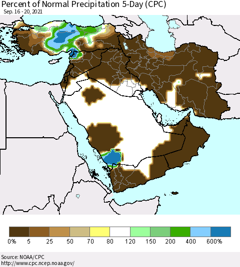 Middle East and Turkey Percent of Normal Precipitation 5-Day (CPC) Thematic Map For 9/16/2021 - 9/20/2021