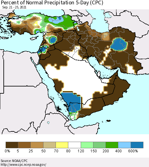 Middle East and Turkey Percent of Normal Precipitation 5-Day (CPC) Thematic Map For 9/21/2021 - 9/25/2021