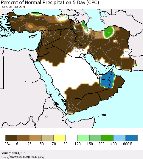 Middle East and Turkey Percent of Normal Precipitation 5-Day (CPC) Thematic Map For 9/26/2021 - 9/30/2021
