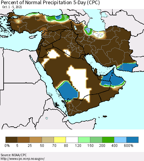 Middle East and Turkey Percent of Normal Precipitation 5-Day (CPC) Thematic Map For 10/1/2021 - 10/5/2021