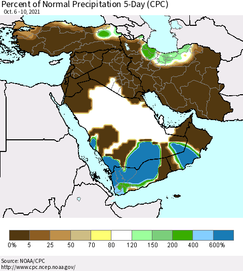 Middle East and Turkey Percent of Normal Precipitation 5-Day (CPC) Thematic Map For 10/6/2021 - 10/10/2021
