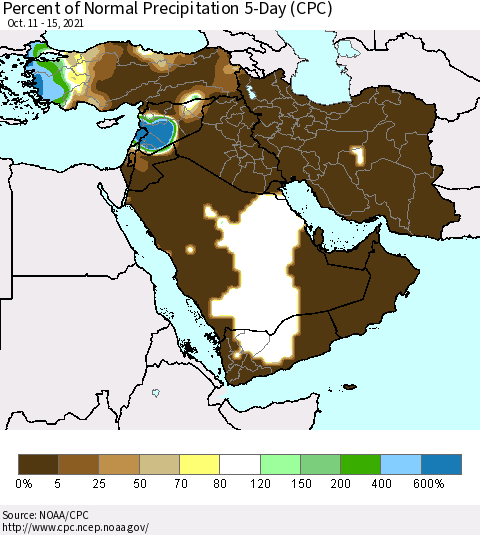 Middle East and Turkey Percent of Normal Precipitation 5-Day (CPC) Thematic Map For 10/11/2021 - 10/15/2021
