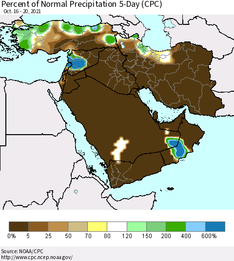Middle East and Turkey Percent of Normal Precipitation 5-Day (CPC) Thematic Map For 10/16/2021 - 10/20/2021