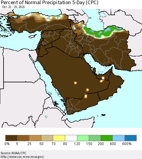 Middle East and Turkey Percent of Normal Precipitation 5-Day (CPC) Thematic Map For 10/21/2021 - 10/25/2021
