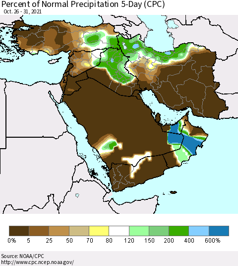 Middle East and Turkey Percent of Normal Precipitation 5-Day (CPC) Thematic Map For 10/26/2021 - 10/31/2021