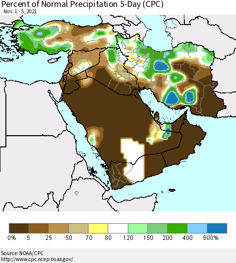 Middle East and Turkey Percent of Normal Precipitation 5-Day (CPC) Thematic Map For 11/1/2021 - 11/5/2021