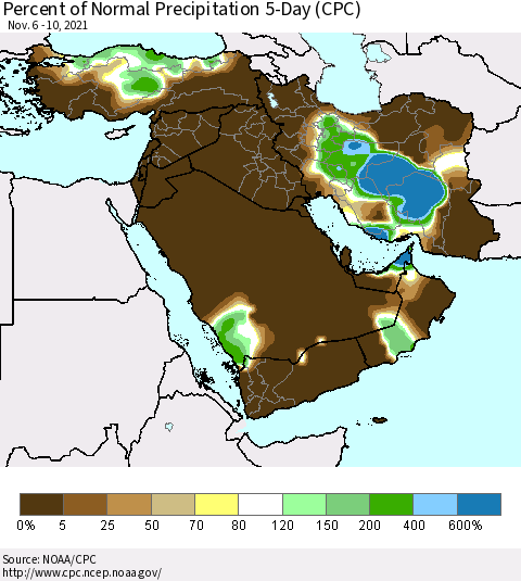 Middle East and Turkey Percent of Normal Precipitation 5-Day (CPC) Thematic Map For 11/6/2021 - 11/10/2021