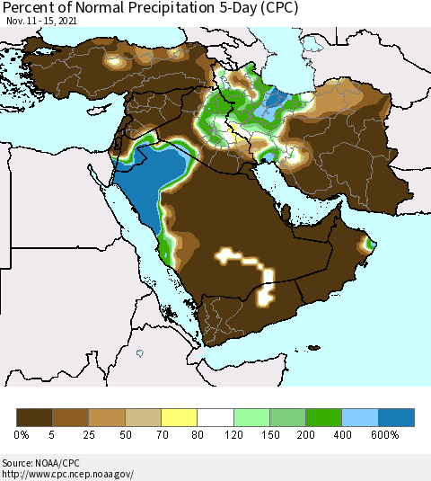 Middle East and Turkey Percent of Normal Precipitation 5-Day (CPC) Thematic Map For 11/11/2021 - 11/15/2021