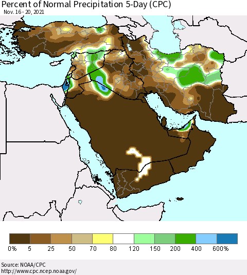 Middle East and Turkey Percent of Normal Precipitation 5-Day (CPC) Thematic Map For 11/16/2021 - 11/20/2021