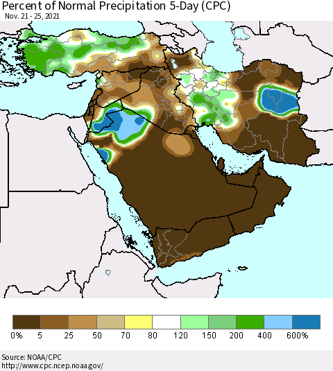 Middle East and Turkey Percent of Normal Precipitation 5-Day (CPC) Thematic Map For 11/21/2021 - 11/25/2021