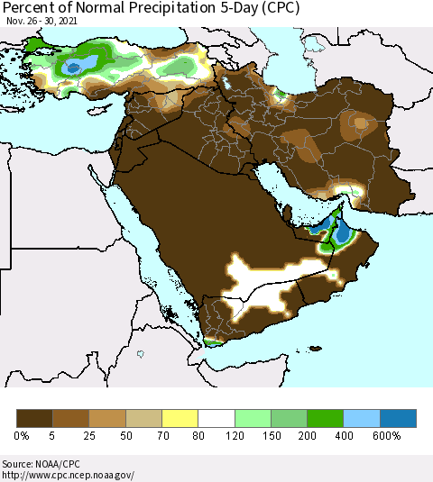 Middle East and Turkey Percent of Normal Precipitation 5-Day (CPC) Thematic Map For 11/26/2021 - 11/30/2021