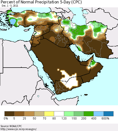 Middle East and Turkey Percent of Normal Precipitation 5-Day (CPC) Thematic Map For 12/1/2021 - 12/5/2021