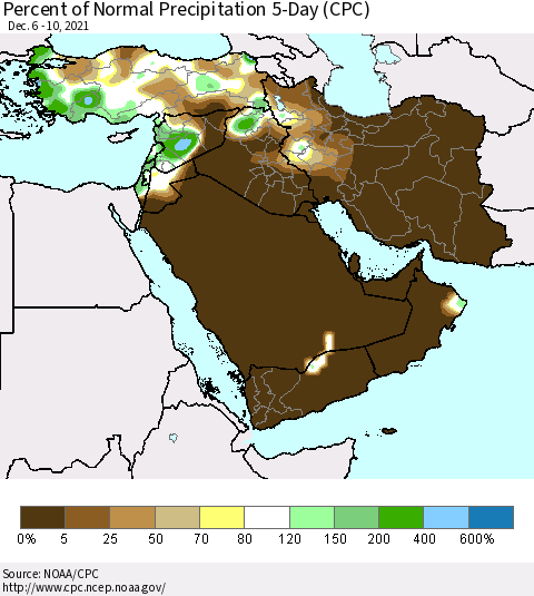 Middle East and Turkey Percent of Normal Precipitation 5-Day (CPC) Thematic Map For 12/6/2021 - 12/10/2021