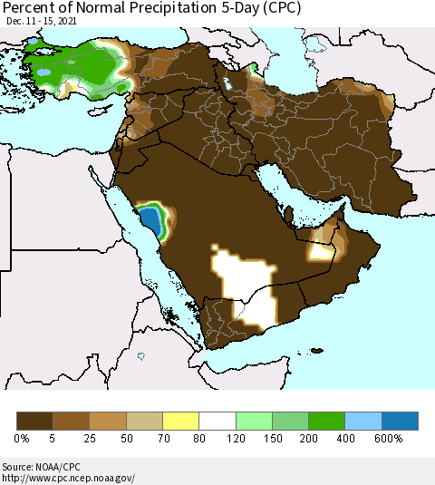 Middle East and Turkey Percent of Normal Precipitation 5-Day (CPC) Thematic Map For 12/11/2021 - 12/15/2021