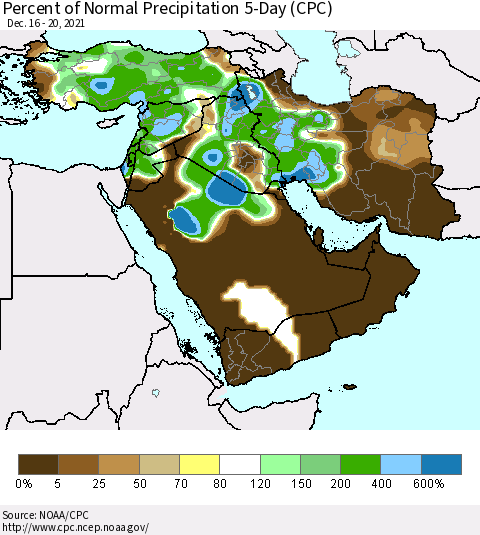 Middle East and Turkey Percent of Normal Precipitation 5-Day (CPC) Thematic Map For 12/16/2021 - 12/20/2021