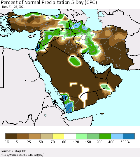 Middle East and Turkey Percent of Normal Precipitation 5-Day (CPC) Thematic Map For 12/21/2021 - 12/25/2021